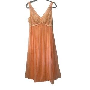 Vtg Vanity Fair Peach Y2K Babydoll Lace Coquette Fairy Feminine Slip Dress Sz 36